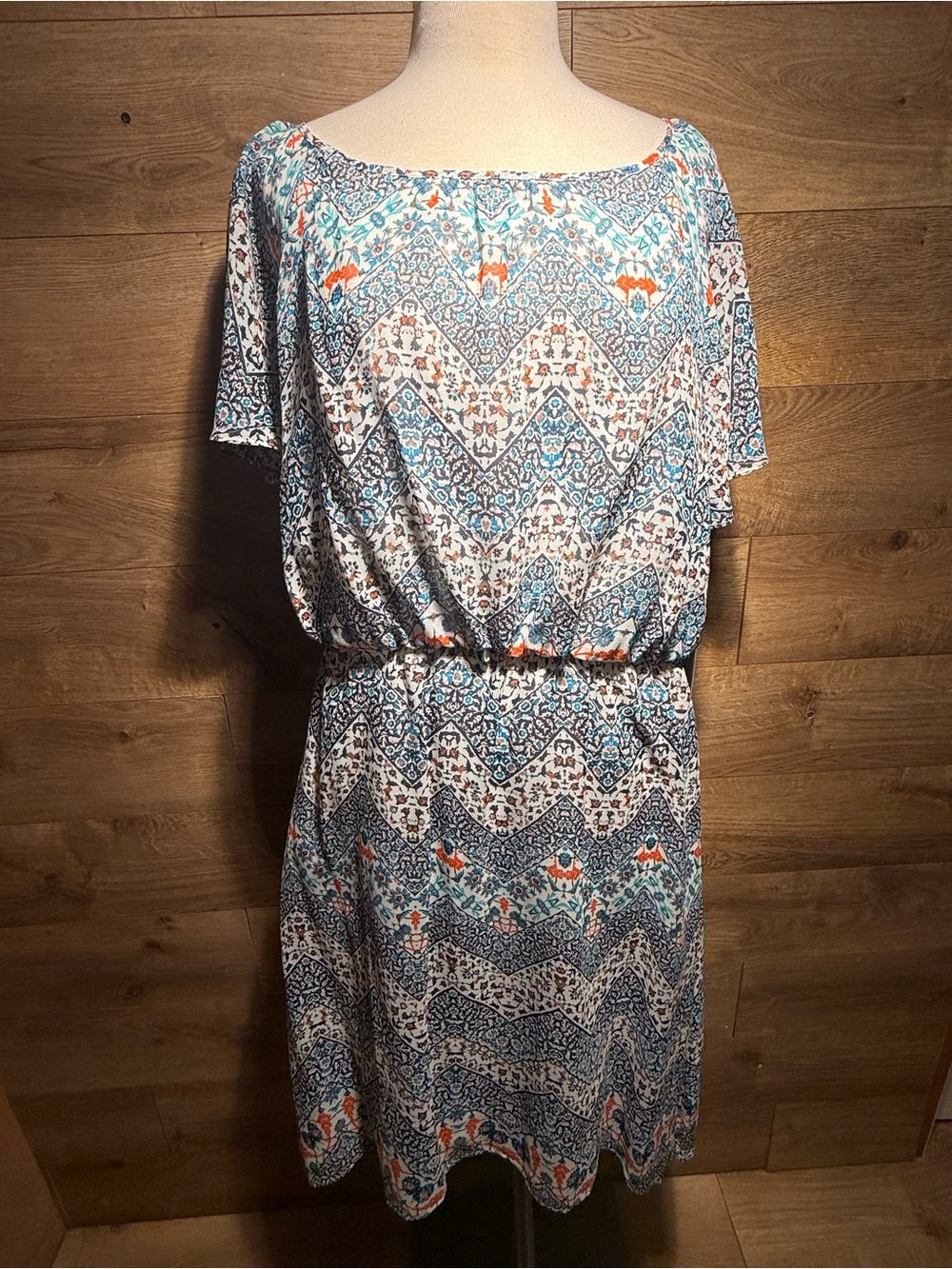 Boho Chevron Print Blue & White Elastic Waist Dress